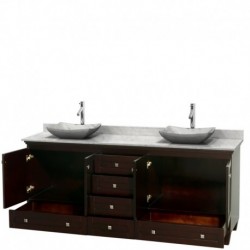 80 inch Double Bathroom Vanity in Espresso, White Carrera Marble Countertop, Avalon White Carrera Marble Sinks, and No Mirrors