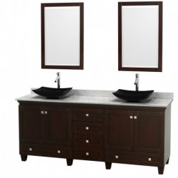 80 inch Double Bathroom Vanity in Espresso, White Carrera Marble Countertop, Arista Black Granite Sinks, and 24 inch Mirrors