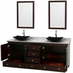 80 inch Double Bathroom Vanity in Espresso, White Carrera Marble Countertop, Arista Black Granite Sinks, and 24 inch Mirrors