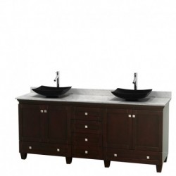 80 inch Double Bathroom Vanity in Espresso, White Carrera Marble Countertop, Arista Black Granite Sinks, and No Mirrors