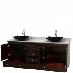 80 inch Double Bathroom Vanity in Espresso, White Carrera Marble Countertop, Arista Black Granite Sinks, and No Mirrors