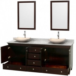 80 inch Double Bathroom Vanity in Espresso, White Carrera Marble Countertop, Arista Ivory Marble Sinks, and 24 inch Mirrors