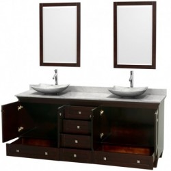 80 inch Double Bathroom Vanity in Espresso, White Carrera Marble Countertop, Arista White Carrera Marble Sinks, and 24 inch Mir