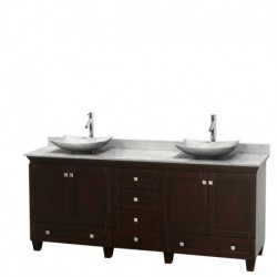 80 inch Double Bathroom Vanity in Espresso, White Carrera Marble Countertop, Arista White Carrera Marble Sinks, and No Mirrors