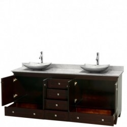 80 inch Double Bathroom Vanity in Espresso, White Carrera Marble Countertop, Arista White Carrera Marble Sinks, and No Mirrors