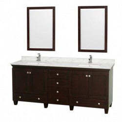 80 inch Double Bathroom Vanity in Espresso, White Carrera Marble Countertop, Undermount Square Sinks, and 24 inch Mirrors
