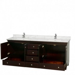 80 inch Double Bathroom Vanity in Espresso, White Carrera Marble Countertop, Undermount Square Sinks, and No Mirrors