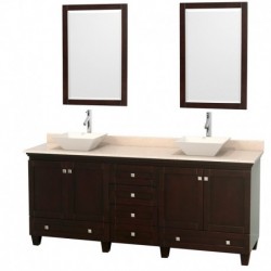 80 inch Double Bathroom Vanity in Espresso, Ivory Marble Countertop, Pyra Bone Porcelain Sinks, and 24 inch Mirrors