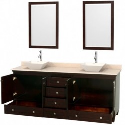 80 inch Double Bathroom Vanity in Espresso, Ivory Marble Countertop, Pyra Bone Porcelain Sinks, and 24 inch Mirrors