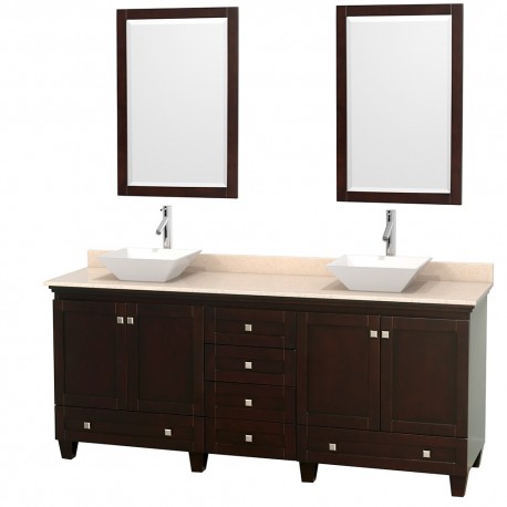 80 inch Double Bathroom Vanity in Espresso, Ivory Marble Countertop, Pyra White Porcelain Sinks, and 24 inch Mirrors
