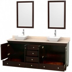 80 inch Double Bathroom Vanity in Espresso, Ivory Marble Countertop, Pyra White Porcelain Sinks, and 24 inch Mirrors