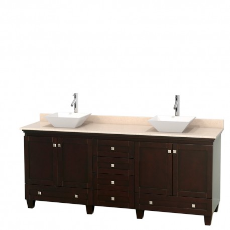 80 inch Double Bathroom Vanity in Espresso, Ivory Marble Countertop, Pyra White Porcelain Sinks, and No Mirrors