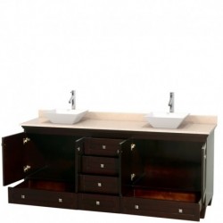 80 inch Double Bathroom Vanity in Espresso, Ivory Marble Countertop, Pyra White Porcelain Sinks, and No Mirrors