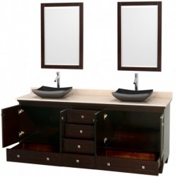 80 inch Double Bathroom Vanity in Espresso, Ivory Marble Countertop, Altair Black Granite Sinks, and 24 inch Mirrors