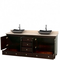 80 inch Double Bathroom Vanity in Espresso, Ivory Marble Countertop, Altair Black Granite Sinks, and No Mirrors