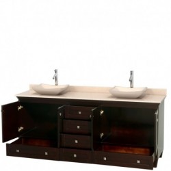 80 inch Double Bathroom Vanity in Espresso, Ivory Marble Countertop, Avalon Ivory Marble Sinks, and No Mirrors