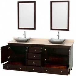 80 inch Double Bathroom Vanity in Espresso, Ivory Marble Countertop, Avalon White Carrera Marble Sinks, and 24 inch Mirrors