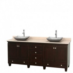 80 inch Double Bathroom Vanity in Espresso, Ivory Marble Countertop, Avalon White Carrera Marble Sinks, and No Mirrors