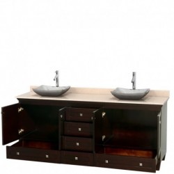 80 inch Double Bathroom Vanity in Espresso, Ivory Marble Countertop, Avalon White Carrera Marble Sinks, and No Mirrors