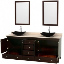 80 inch Double Bathroom Vanity in Espresso, Ivory Marble Countertop, Arista Black Granite Sinks, and 24 inch Mirrors