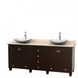 80 inch Double Bathroom Vanity in Espresso, Ivory Marble Countertop, Arista White Carrera Marble Sinks, and No Mirrors