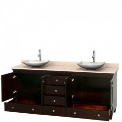 80 inch Double Bathroom Vanity in Espresso, Ivory Marble Countertop, Arista White Carrera Marble Sinks, and No Mirrors