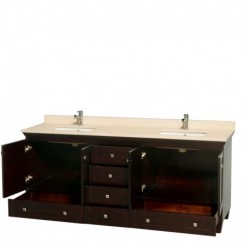 80 inch Double Bathroom Vanity in Espresso, Ivory Marble Countertop, Undermount Square Sinks, and No Mirrors