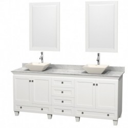 80 inch Double Bathroom Vanity in White, White Carrera Marble Countertop, Pyra Bone Porcelain Sinks, and 24 inch Mirrors