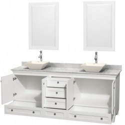 80 inch Double Bathroom Vanity in White, White Carrera Marble Countertop, Pyra Bone Porcelain Sinks, and 24 inch Mirrors