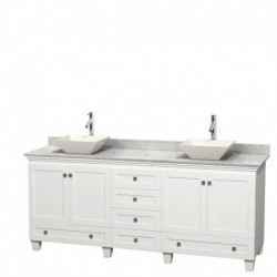 80 inch Double Bathroom Vanity in White, White Carrera Marble Countertop, Pyra Bone Porcelain Sinks, and No Mirrors