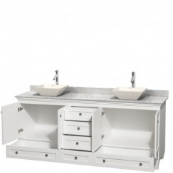 80 inch Double Bathroom Vanity in White, White Carrera Marble Countertop, Pyra Bone Porcelain Sinks, and No Mirrors