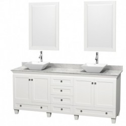 80 inch Double Bathroom Vanity in White, White Carrera Marble Countertop, Pyra White Porcelain Sinks, and 24 inch Mirrors