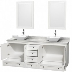 80 inch Double Bathroom Vanity in White, White Carrera Marble Countertop, Pyra White Porcelain Sinks, and 24 inch Mirrors