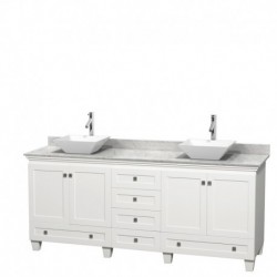 80 inch Double Bathroom Vanity in White, White Carrera Marble Countertop, Pyra White Porcelain Sinks, and No Mirrors