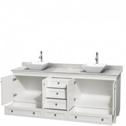 80 inch Double Bathroom Vanity in White, White Carrera Marble Countertop, Pyra White Porcelain Sinks, and No Mirrors