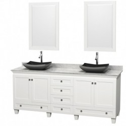 80 inch Double Bathroom Vanity in White, White Carrera Marble Countertop, Altair Black Granite Sinks, and 24 inch Mirrors