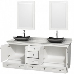 80 inch Double Bathroom Vanity in White, White Carrera Marble Countertop, Altair Black Granite Sinks, and 24 inch Mirrors