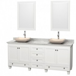 80 inch Double Bathroom Vanity in White, White Carrera Marble Countertop, Avalon Ivory Marble Sinks, and 24 inch Mirrors