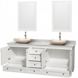 80 inch Double Bathroom Vanity in White, White Carrera Marble Countertop, Avalon Ivory Marble Sinks, and 24 inch Mirrors