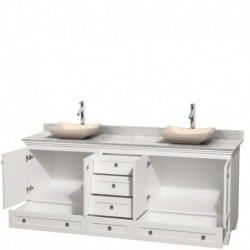 80 inch Double Bathroom Vanity in White, White Carrera Marble Countertop, Avalon Ivory Marble Sinks, and No Mirrors