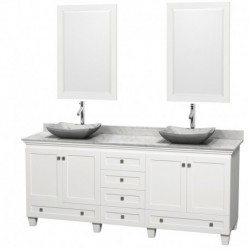 80 inch Double Bathroom Vanity in White, White Carrera Marble Countertop, Avalon White Carrera Marble Sinks, and 24 inch Mirror