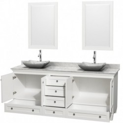 80 inch Double Bathroom Vanity in White, White Carrera Marble Countertop, Avalon White Carrera Marble Sinks, and 24 inch Mirror