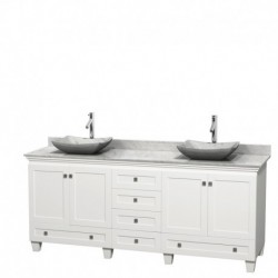 80 inch Double Bathroom Vanity in White, White Carrera Marble Countertop, Avalon White Carrera Marble Sinks, and No Mirrors