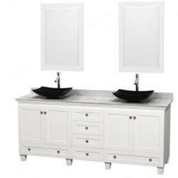 80 inch Double Bathroom Vanity in White, White Carrera Marble Countertop, Arista Black Granite Sinks, and 24 inch Mirrors