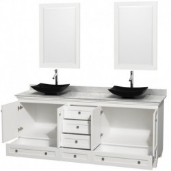 80 inch Double Bathroom Vanity in White, White Carrera Marble Countertop, Arista Black Granite Sinks, and 24 inch Mirrors