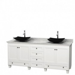 80 inch Double Bathroom Vanity in White, White Carrera Marble Countertop, Arista Black Granite Sinks, and No Mirrors