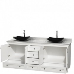 80 inch Double Bathroom Vanity in White, White Carrera Marble Countertop, Arista Black Granite Sinks, and No Mirrors