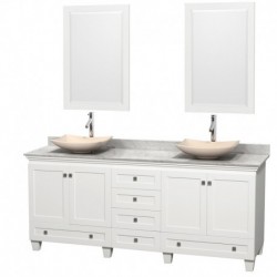 80 inch Double Bathroom Vanity in White, White Carrera Marble Countertop, Arista Ivory Marble Sinks, and 24 inch Mirrors