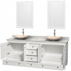 80 inch Double Bathroom Vanity in White, White Carrera Marble Countertop, Arista Ivory Marble Sinks, and 24 inch Mirrors