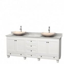 80 inch Double Bathroom Vanity in White, White Carrera Marble Countertop, Arista Ivory Marble Sinks, and No Mirrors